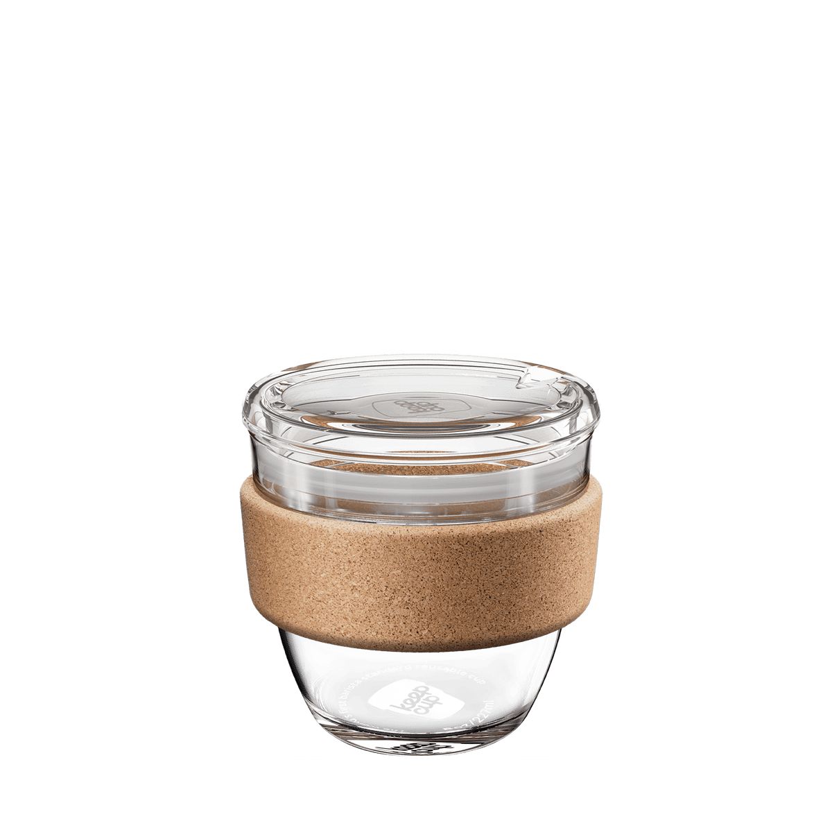 KeepCup Brew Cork QuickSip 227ml, clear tempered glass with natural cork band and QuickSip lid