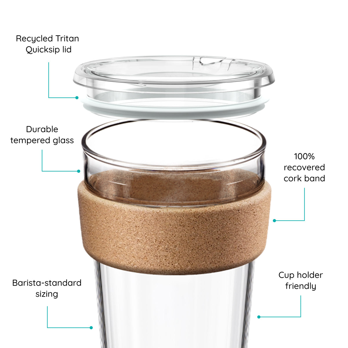 KeepCup Brew Cork QuickSip exploded view with QuickSip lid, cork band and glass cup