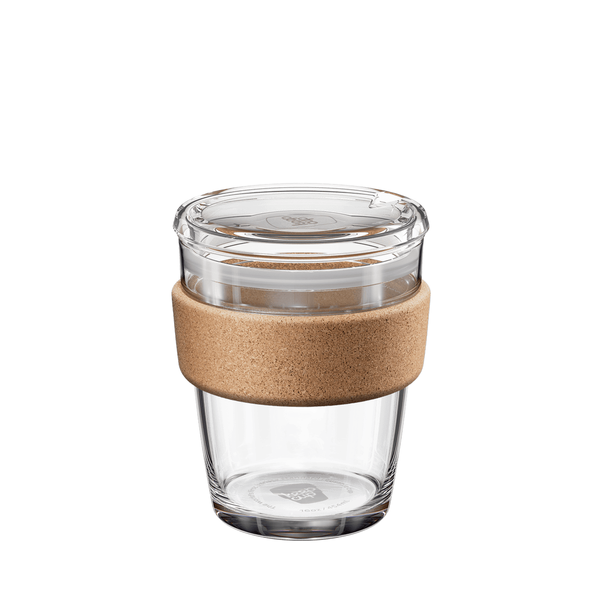 KeepCup Brew Cork QuickSip 340ml, tempered glass with natural cork band and clear QuickSip lid