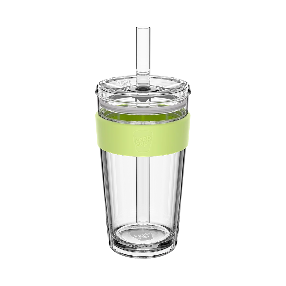 KeepCup Cold Cup Longplay Boba 454ml in Matcha, clear glass cup with light green silicone band