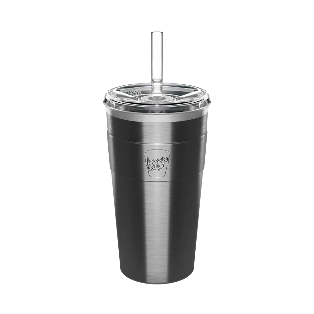 KeepCup Cold Cup Thermal 454ml in Nitro, brushed stainless steel with clear lid and straw