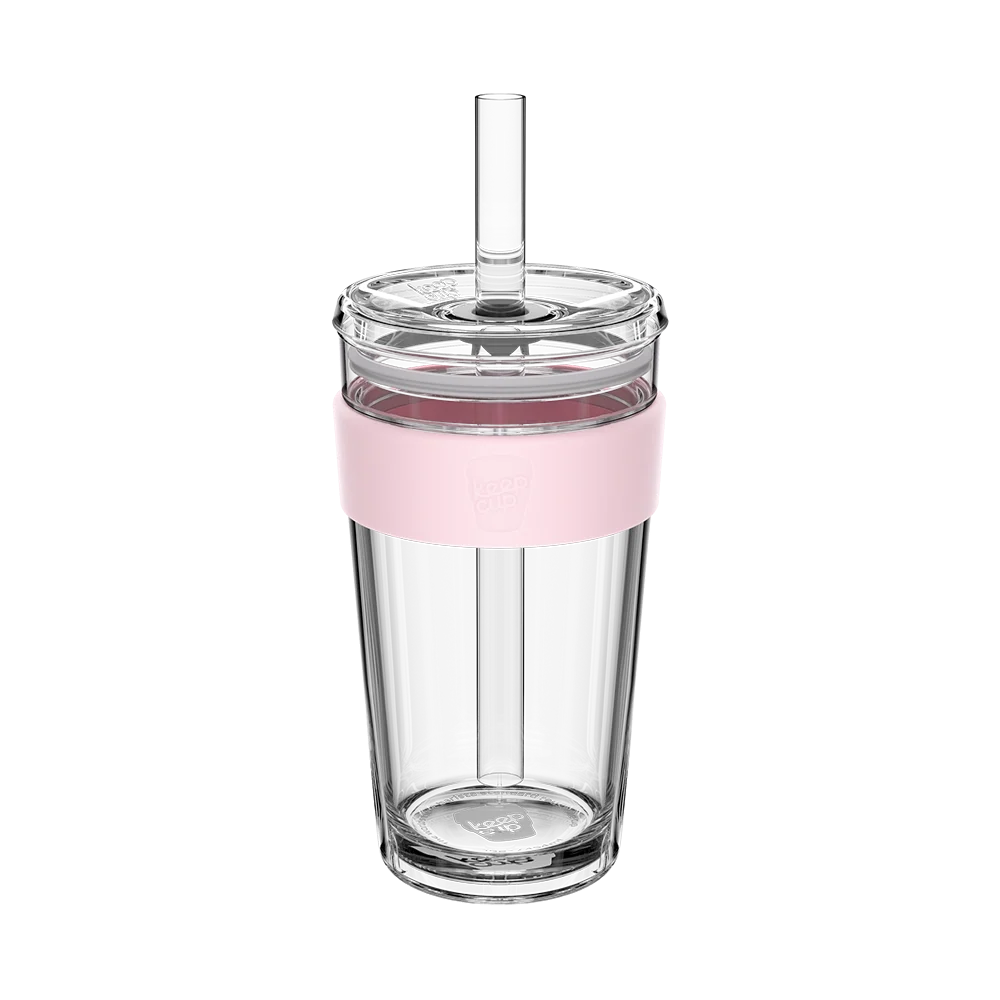KeepCup Cold Cup Longplay Boba 454ml in Pashmak, clear glass cup with soft pink silicone band