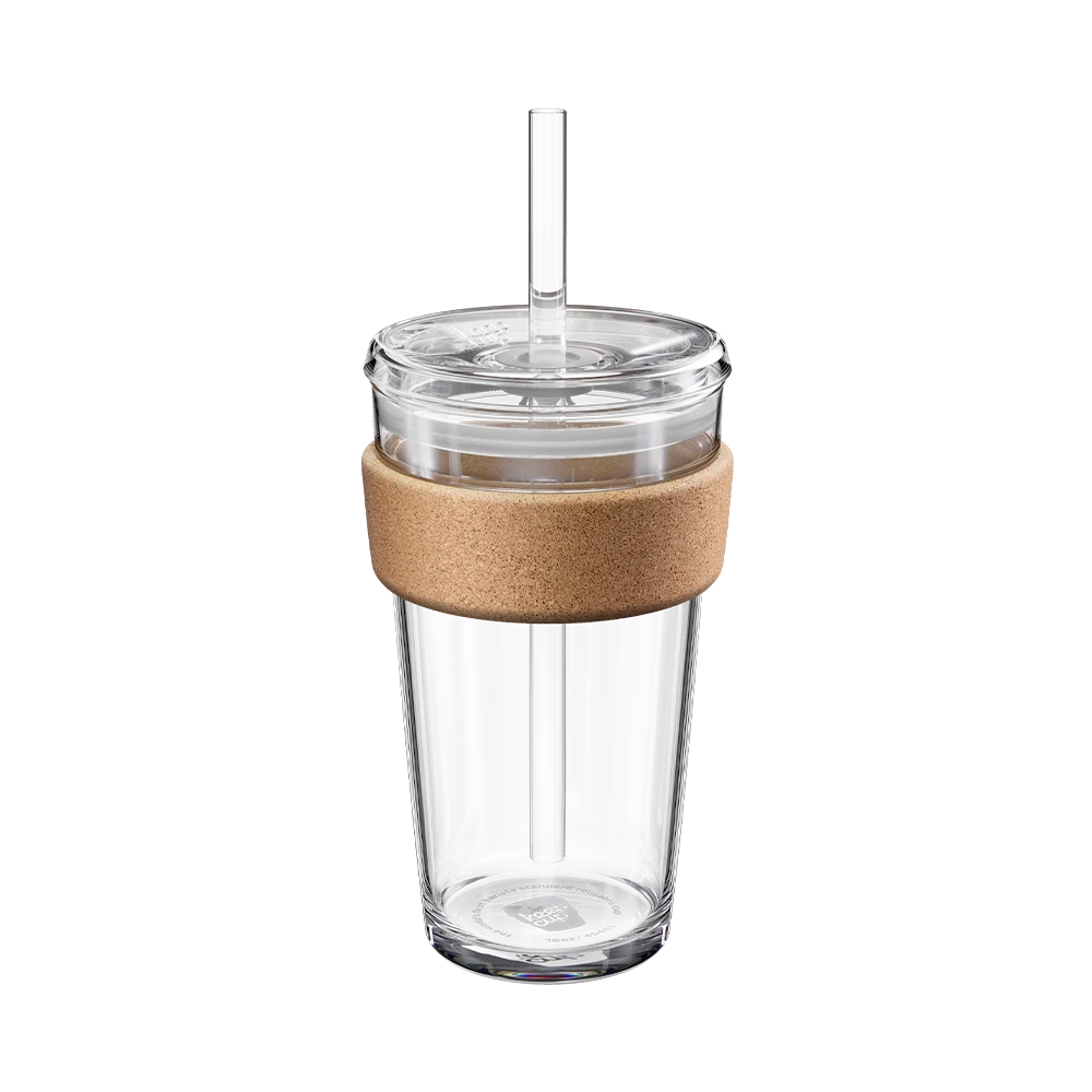 KeepCup Cold Cup Cork 454ml, tempered glass with natural cork band, clear lid and coffee straw
