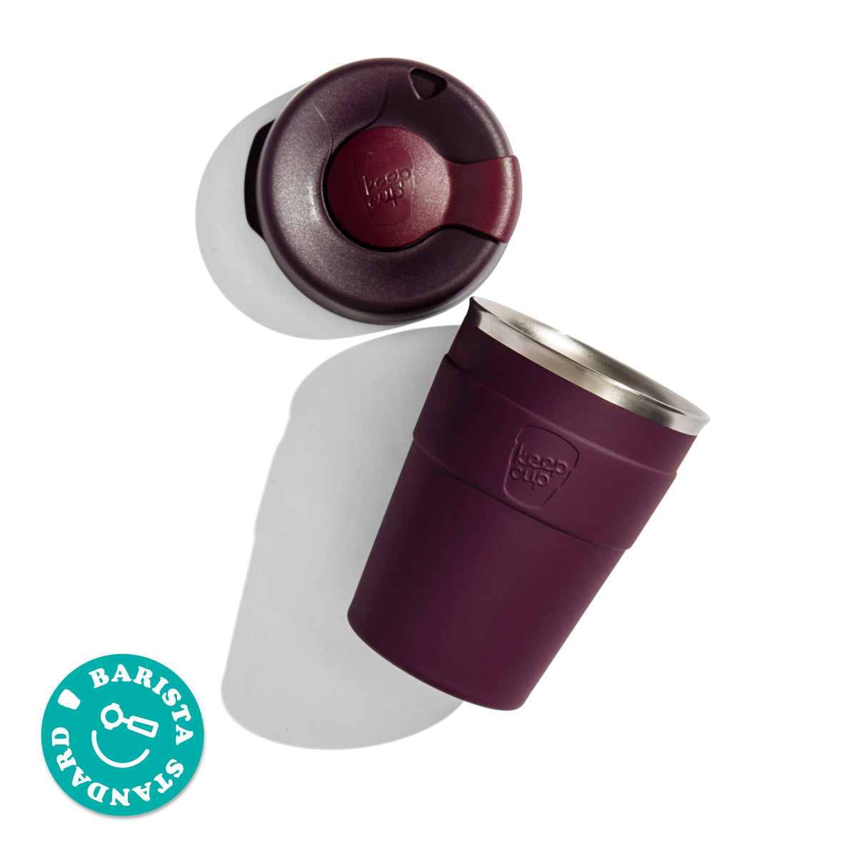KeepCup Thermal 340ml stainless steel cup at an angle with lid removed