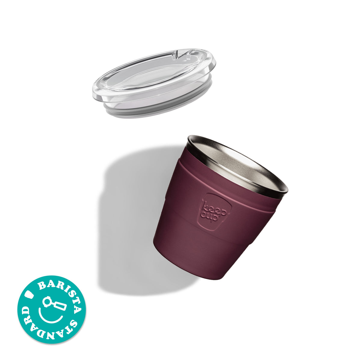 KeepCup Insulated QuickSip Espresso Cup exploded view with QuickSip lid and stainless steel cup