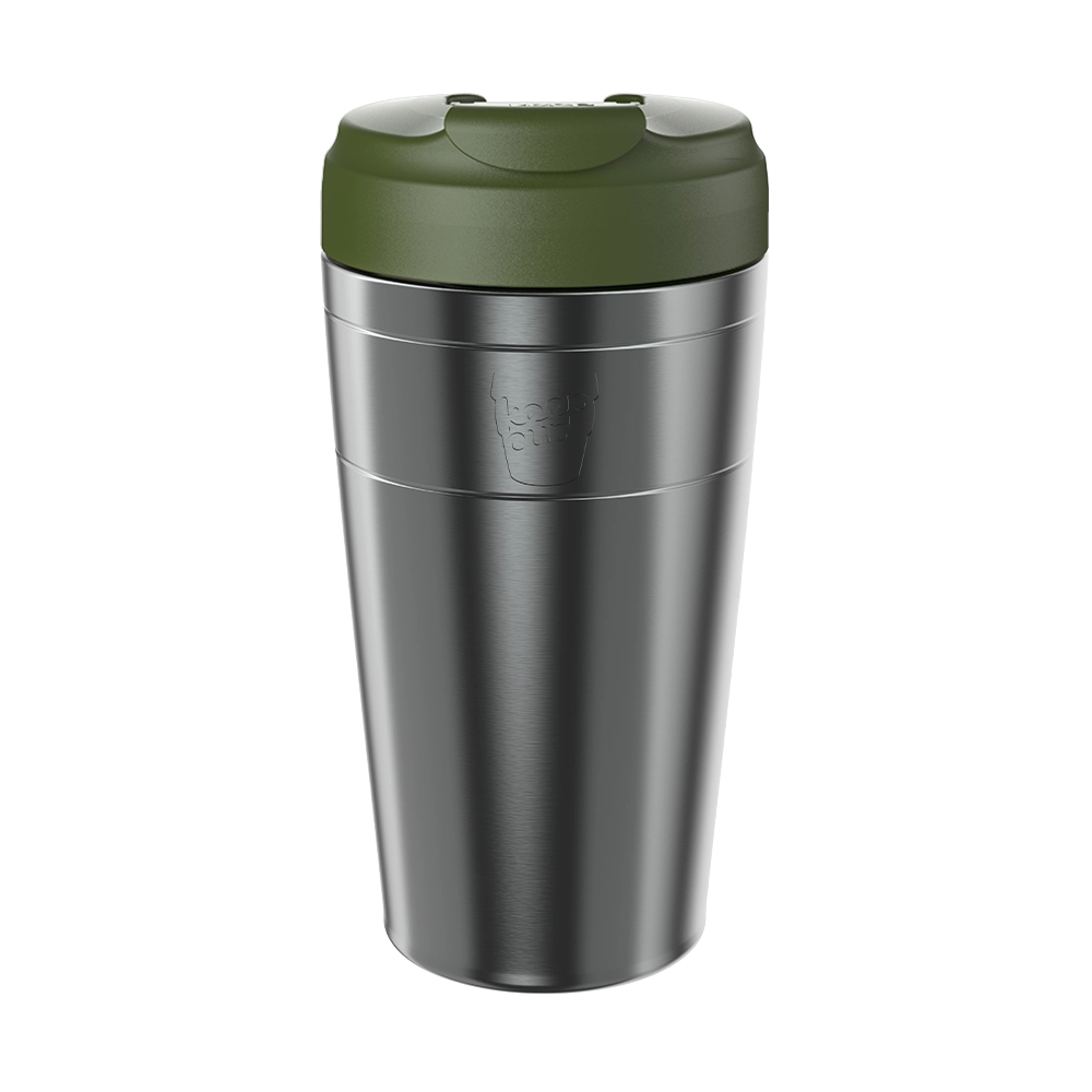 KeepCup Commuter 454ml in Nitro Pine, brushed stainless steel body with olive green lid