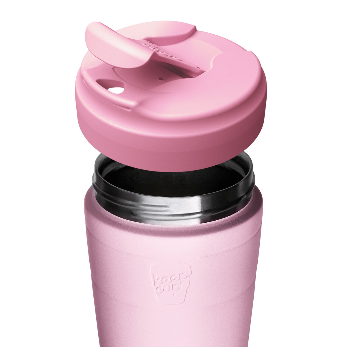 Close-up of the KeepCup Commuter 454ml in Pashmak Pink showing the flip lid