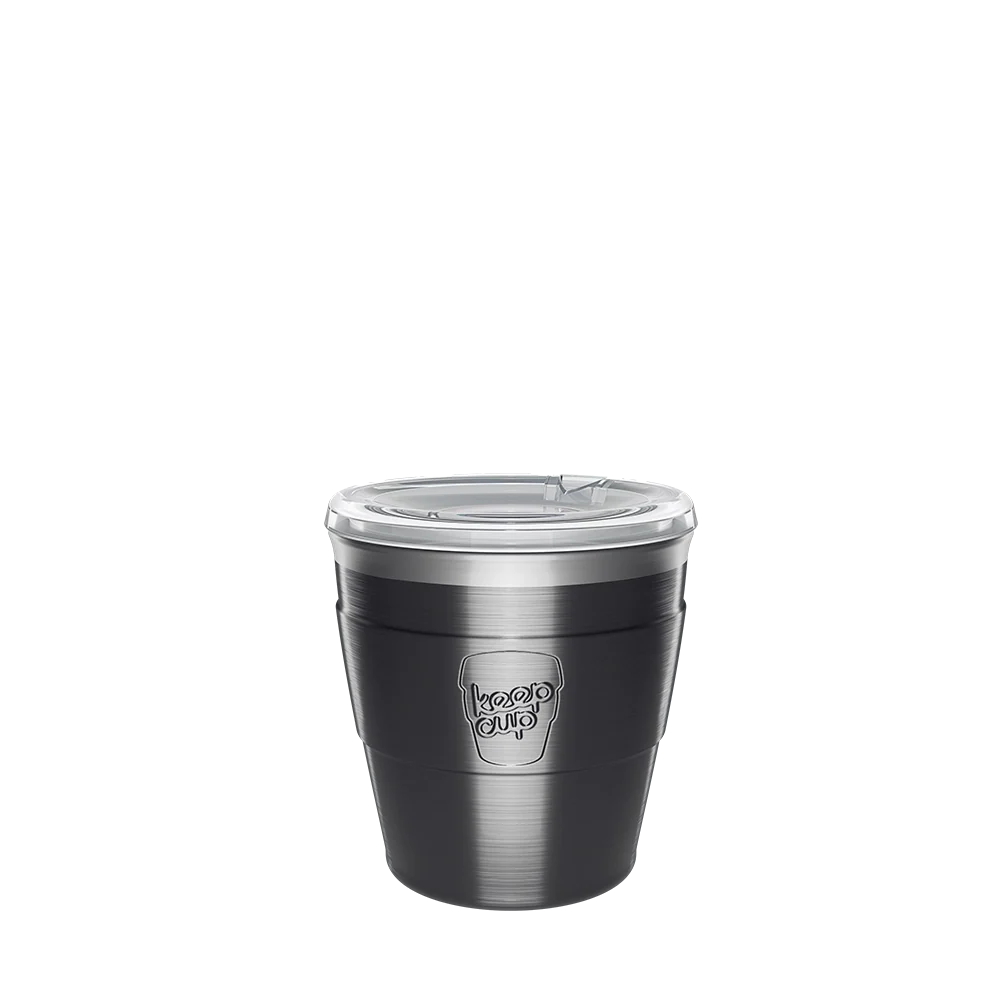 KeepCup Insulated QuickSip Espresso Cup 177ml in Nitro, brushed stainless steel with clear lid