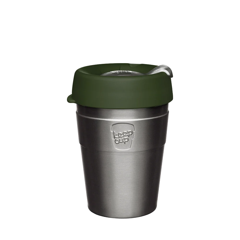 KeepCup Thermal 340ml in Pine, brushed stainless steel body with olive green lid