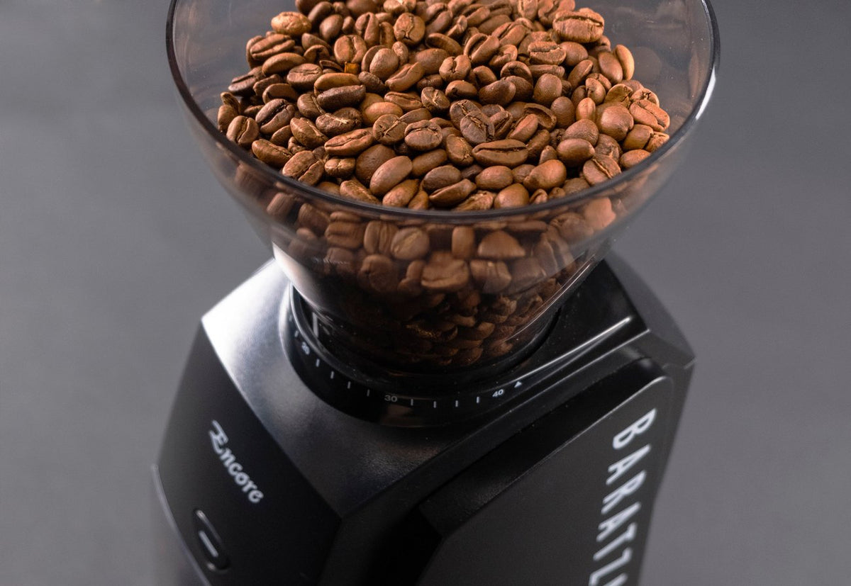 Baratza Encore Coffee Grinder in Black on a kitchen counter