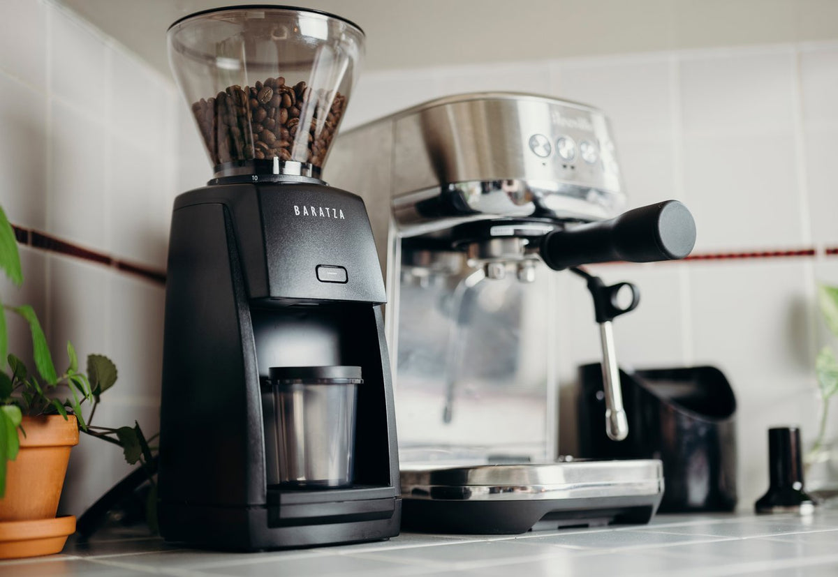Baratza Encore ESP Coffee Grinder in Black on a kitchen counter