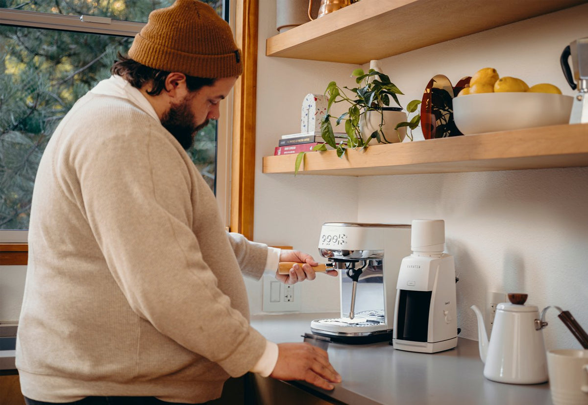 Baratza Encore ESP Coffee Grinder in White on a kitchen counter
