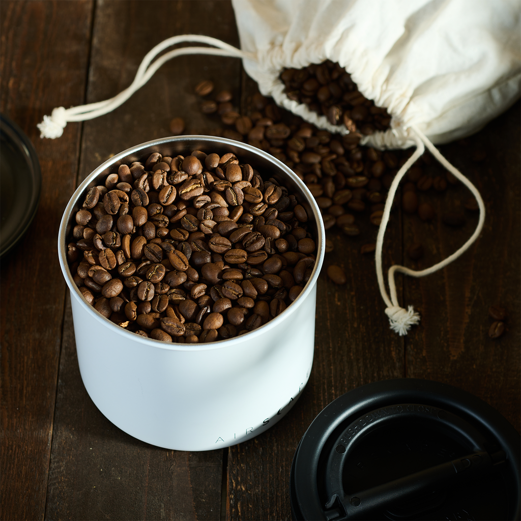 Airscape canister with coffee beans and cotton refill bag