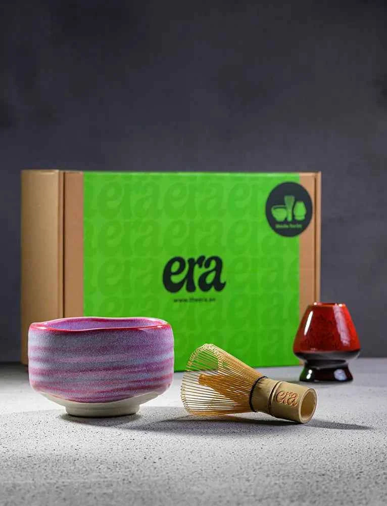 Akane matcha ritual set with Pink Flame chawan, whisk and whisk holder