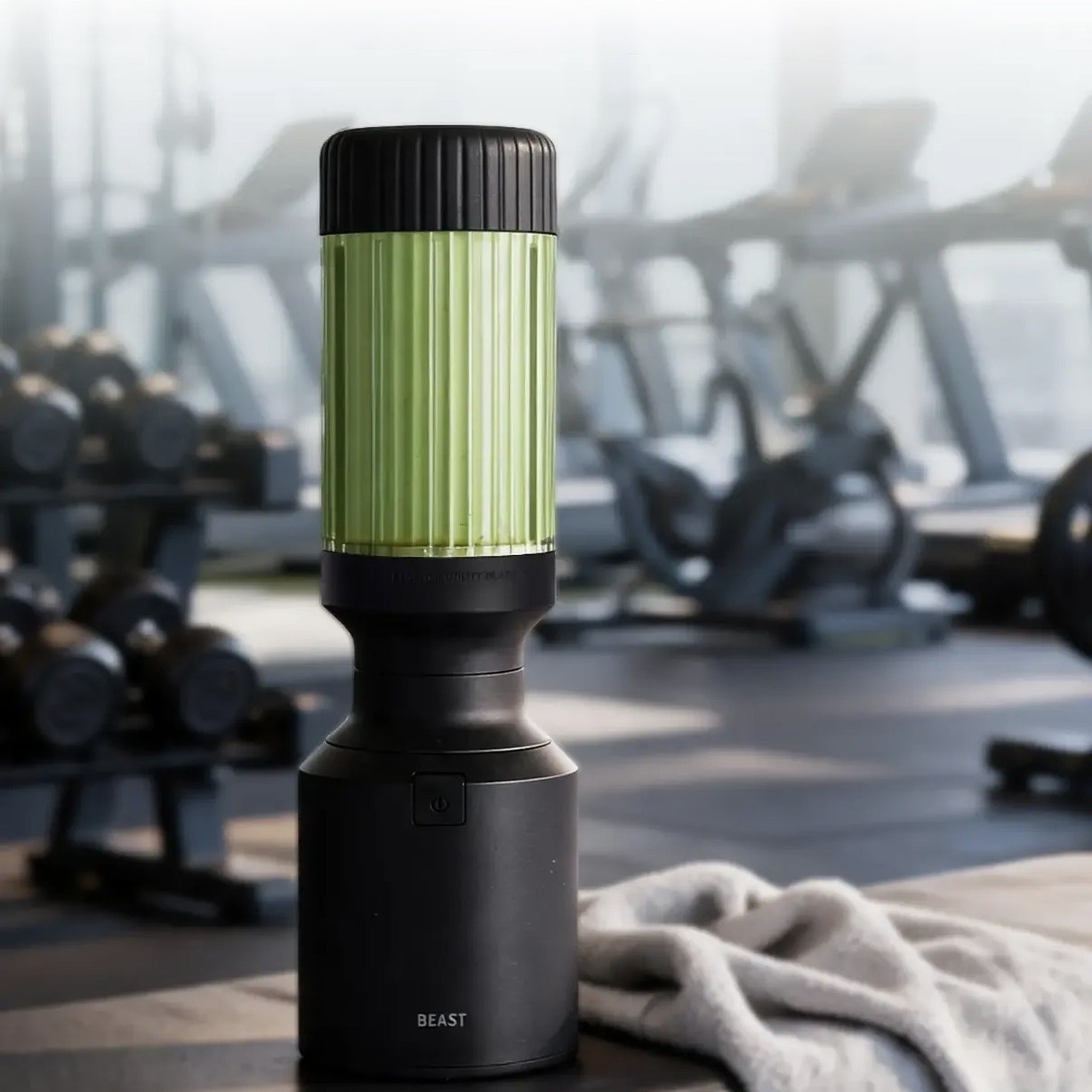 Beast Mighty 850 Plus blender with vessel in a gym setting