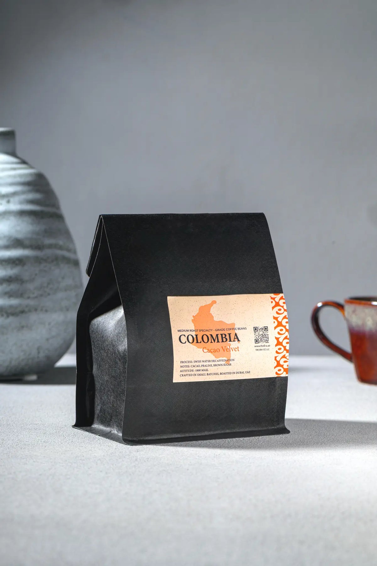 Era Colombia Cacao Velvet Swiss Water decaf coffee bag with orange label