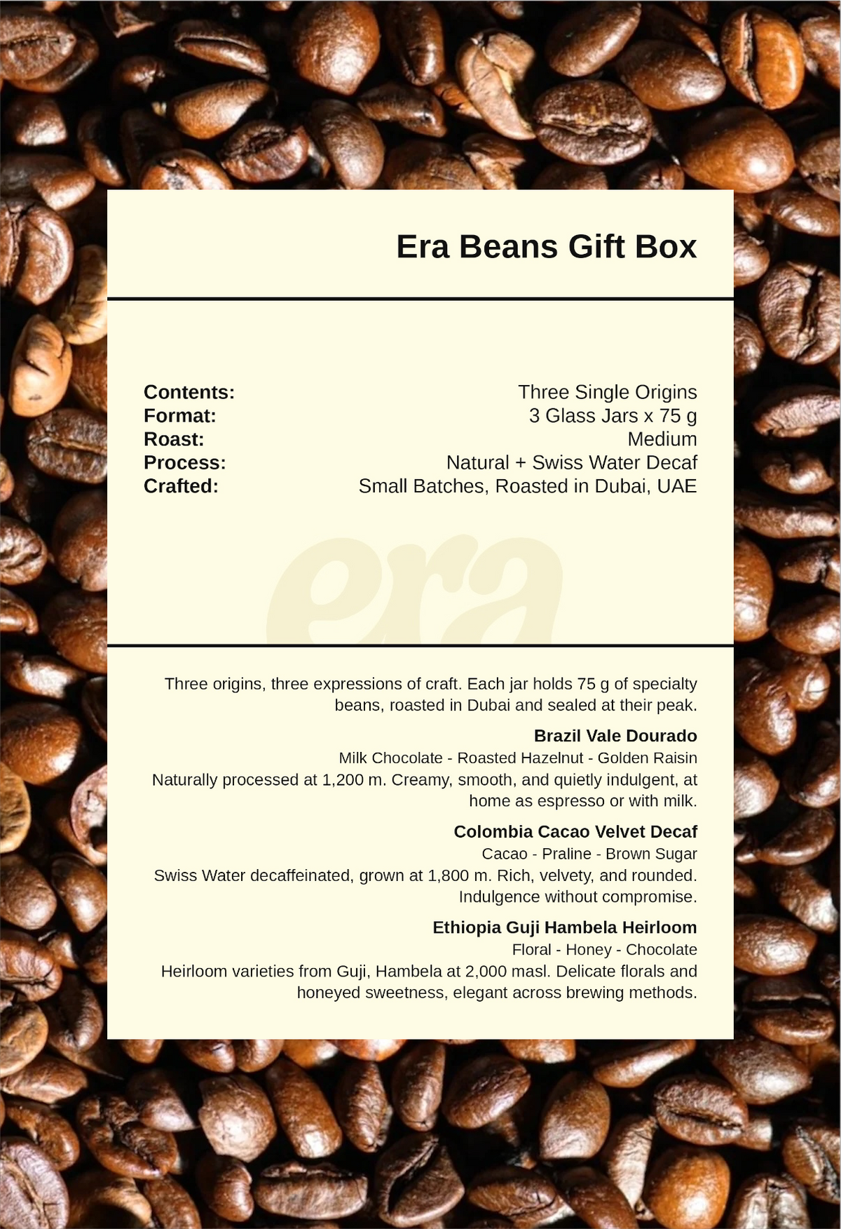 Era beans gift box taste note card with Brazil, Colombia decaf, and Ethiopia tasting notes on a coffee bean background
