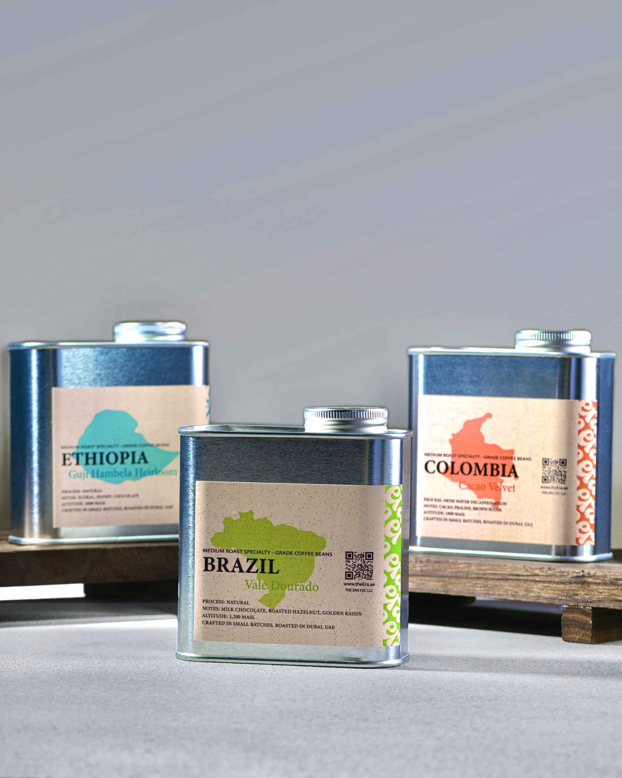 Era Beans Reserve coffee tins - Brazil, Colombia decaf, and Ethiopia, roasted in Dubai
