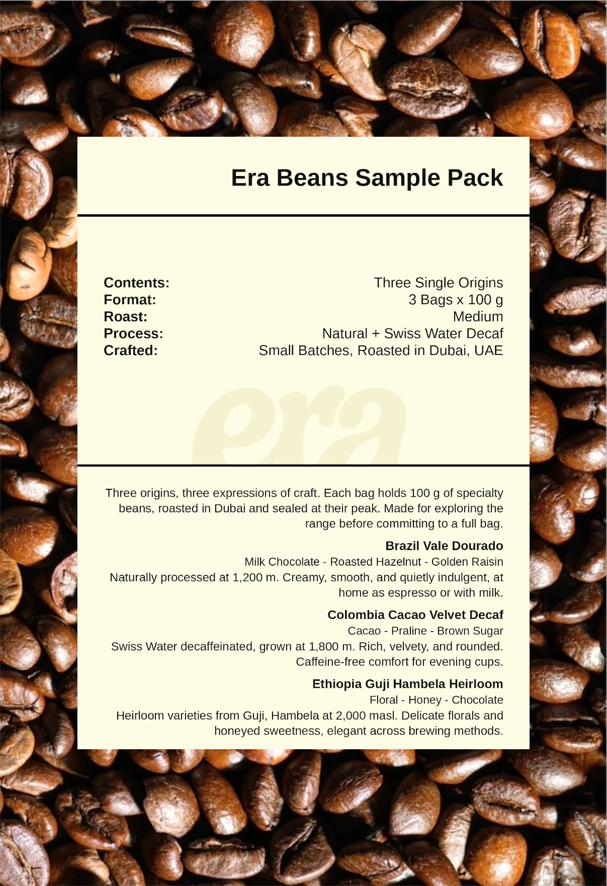 Era beans sample pack taste note card with Brazil, Colombia decaf, and Ethiopia tasting notes on a coffee bean background