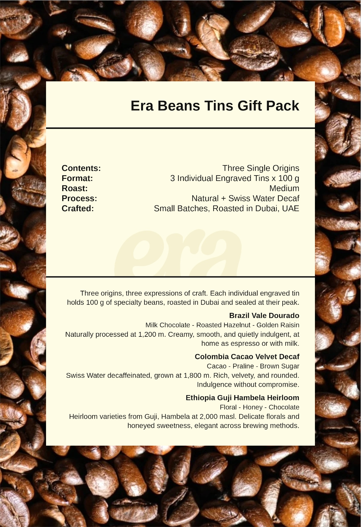 Era beans tins gift pack taste note card with Brazil, Colombia decaf, and Ethiopia tasting notes on a coffee bean background