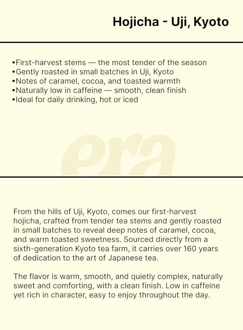 Era hojicha tasting card with flavor notes and brewing guidance