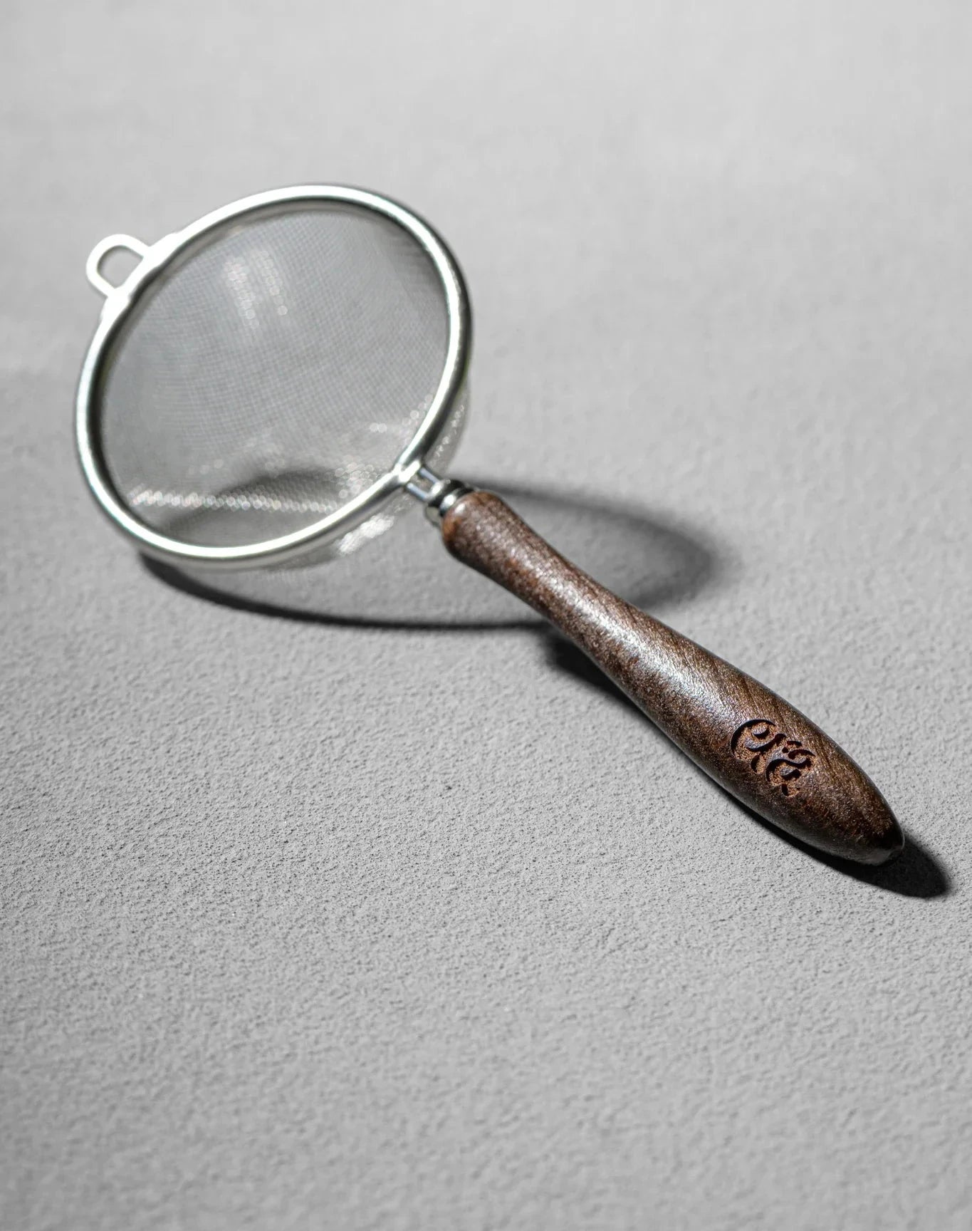 Furui matcha sifter with fine mesh and dark wooden handle