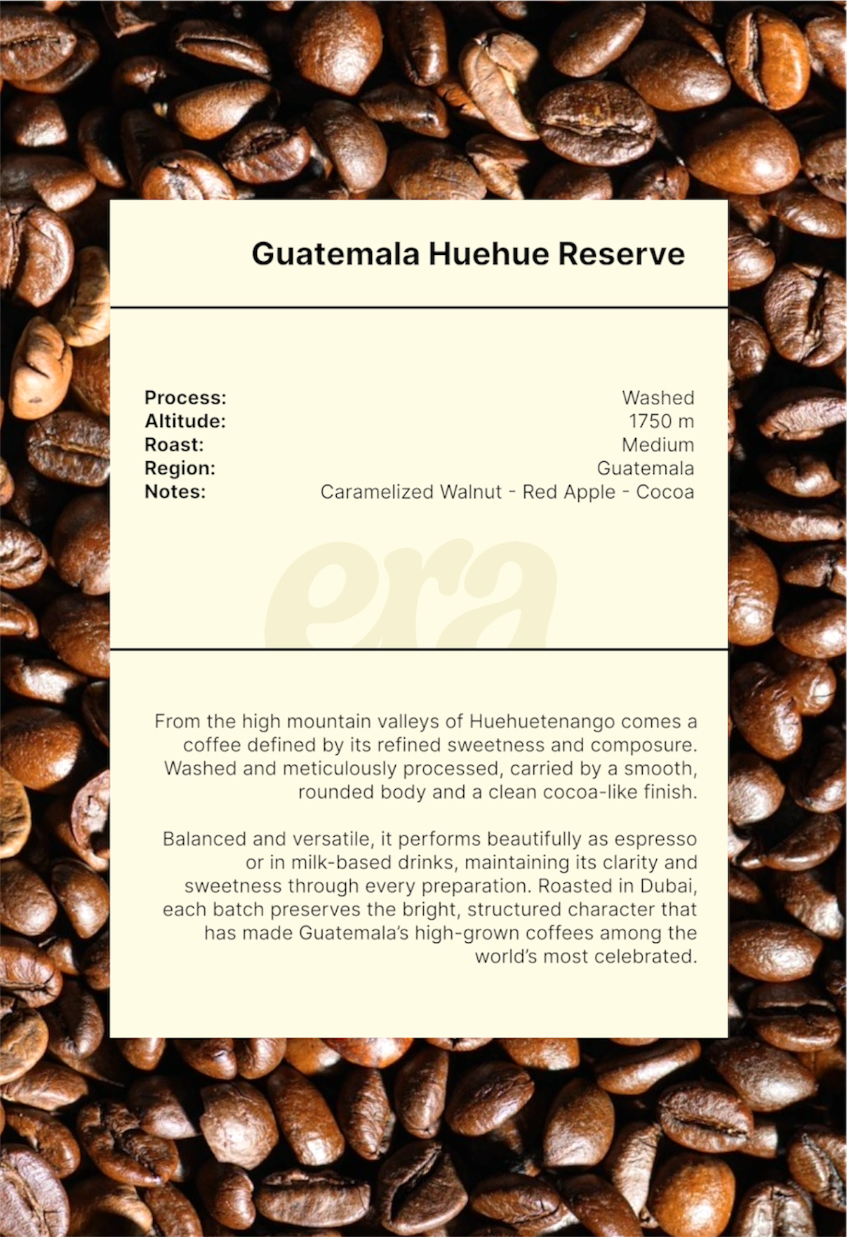 Guatemala Huehue Reserve tasting notes - caramelized walnut, red apple, cocoa