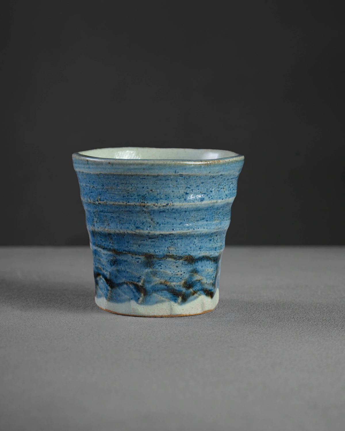 Yutaka Series Aonami latte cup - ribbed blue wave glaze with dark rim band, hand-glazed Mino ware from Japan