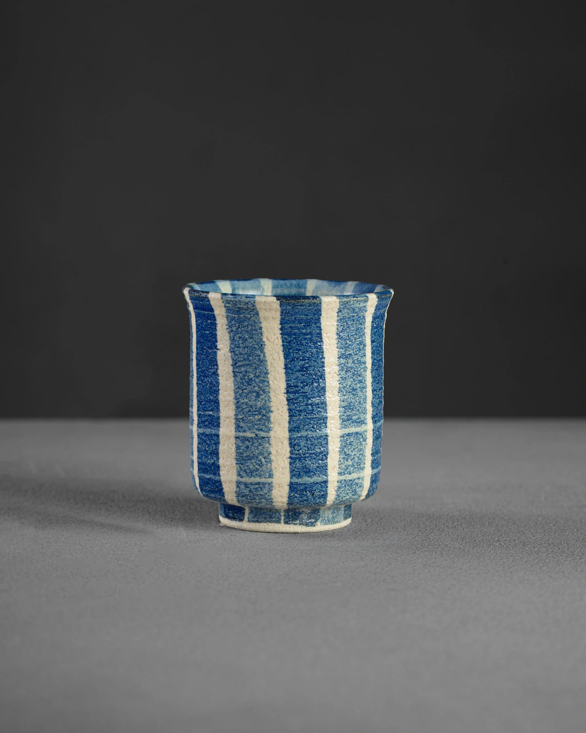 Shizuku Series Shima cortado cup - indigo and cream stripe glaze, hand-glazed Mino ware from Japan