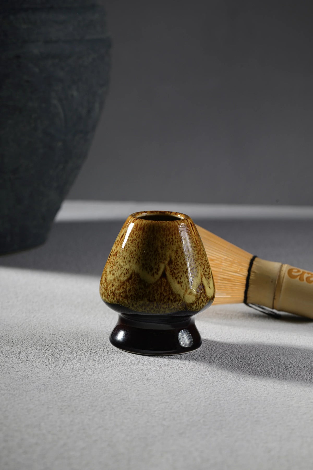 Kata Series Kohaku whisk holder with bamboo chasen, amber gold glaze