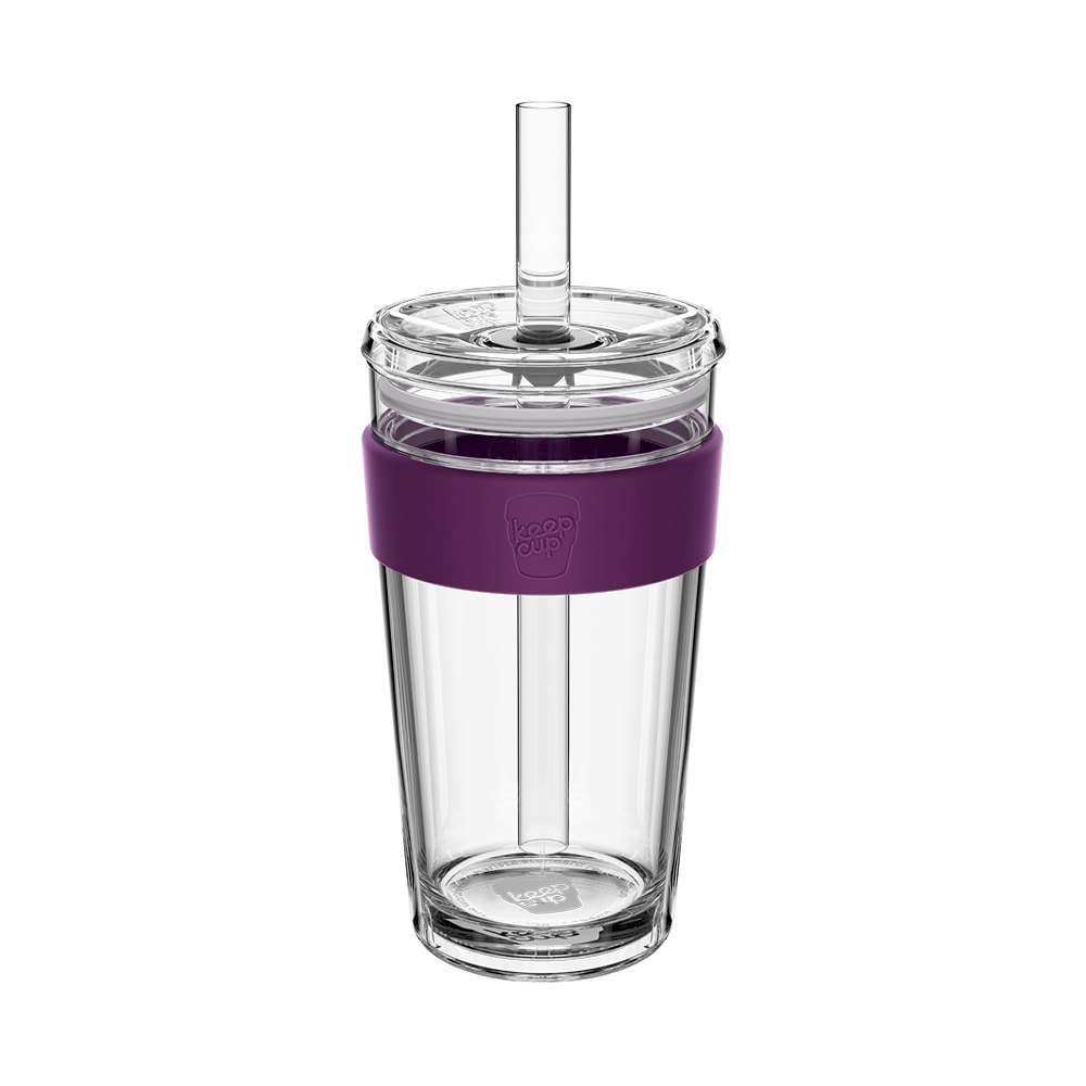 KeepCup Cold Cup Longplay Boba 454ml in Merlot, deep purple silicone band, front view