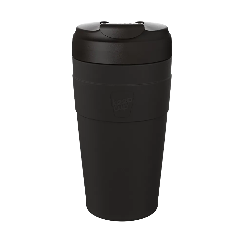 KeepCup Commuter 454ml in Black, front view, matte black body with matching black flip lid