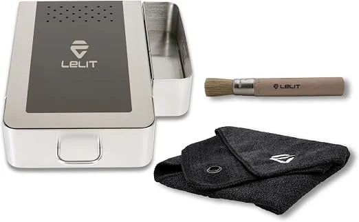 Lelit knock box drawer in brushed stainless steel with magnetic storage compartment, microfiber cloth and wooden brush