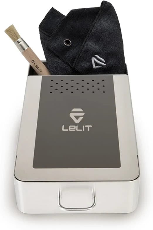 Lelit knock box drawer with cloth and brush stored in the magnetic compartment - top view