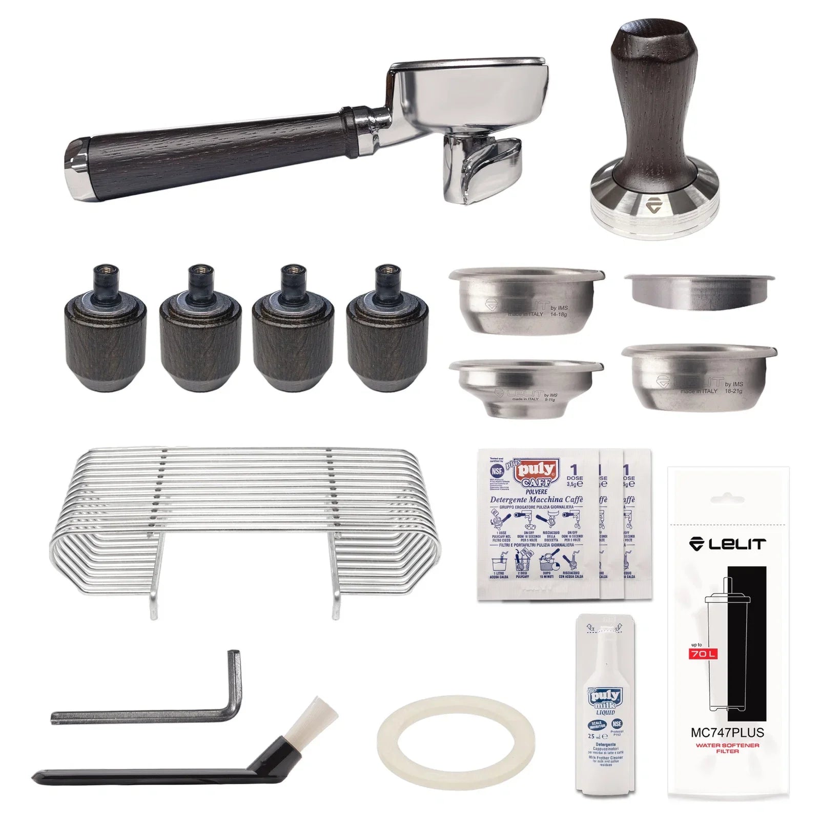 Lelit MaraX3 included accessories with smoked oak details - portafilter, IMS baskets, tamper, cleaning kit and water softener filter