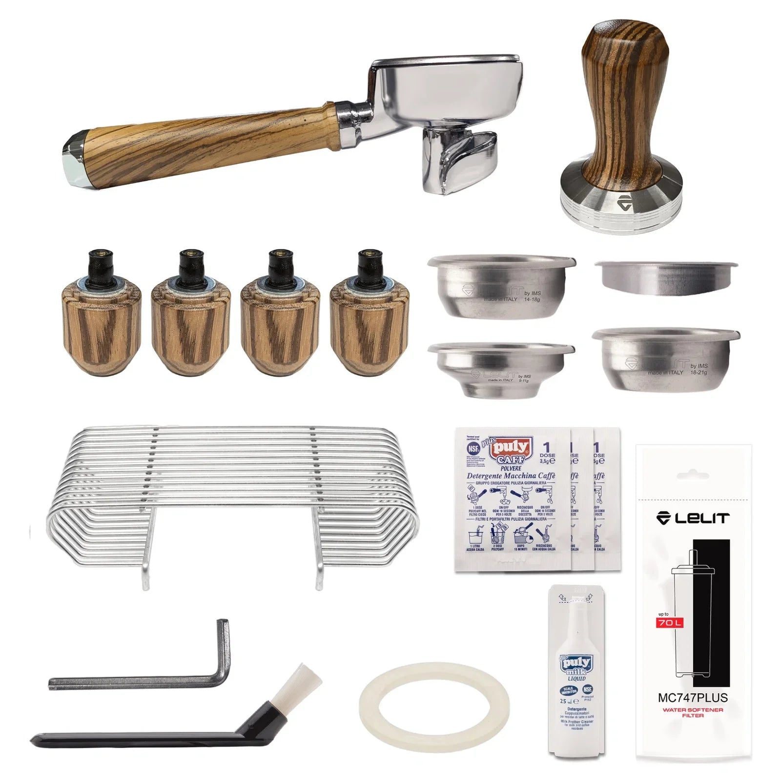 Lelit MaraX3 included accessories with zebrano details - portafilter, IMS baskets, tamper, cleaning kit and water softener filter