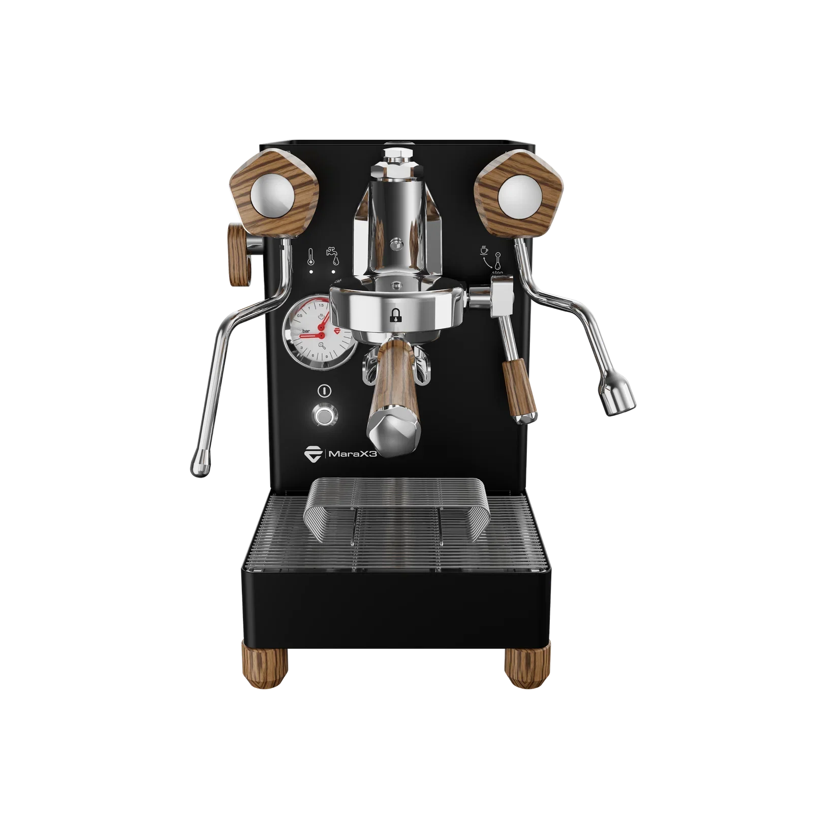 Lelit MaraX3 espresso machine in black with zebrano wood details - front view