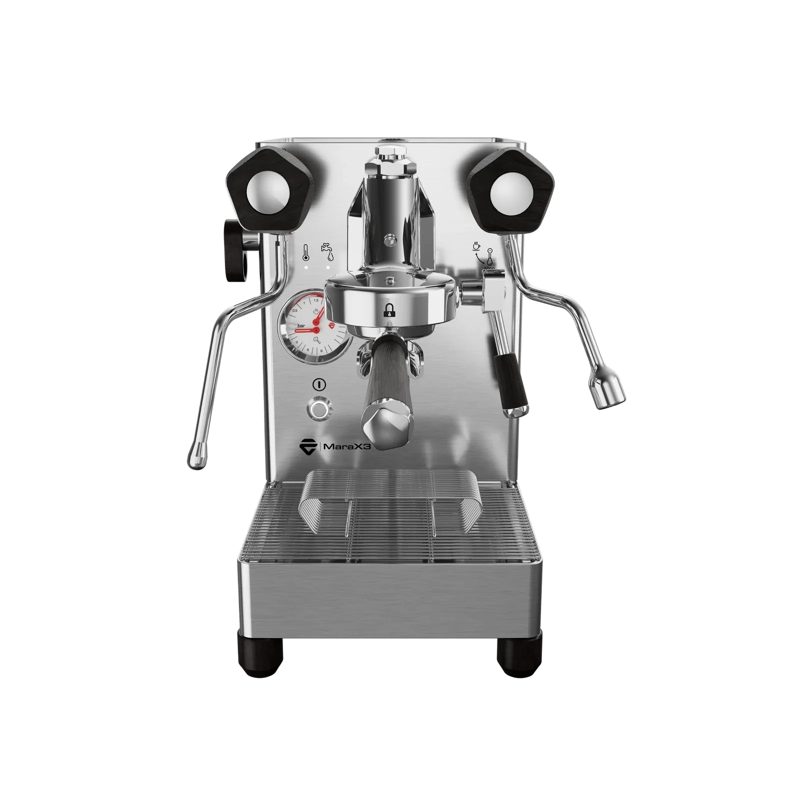 Lelit MaraX3 espresso machine in brushed stainless steel with smoked oak wood details - front view