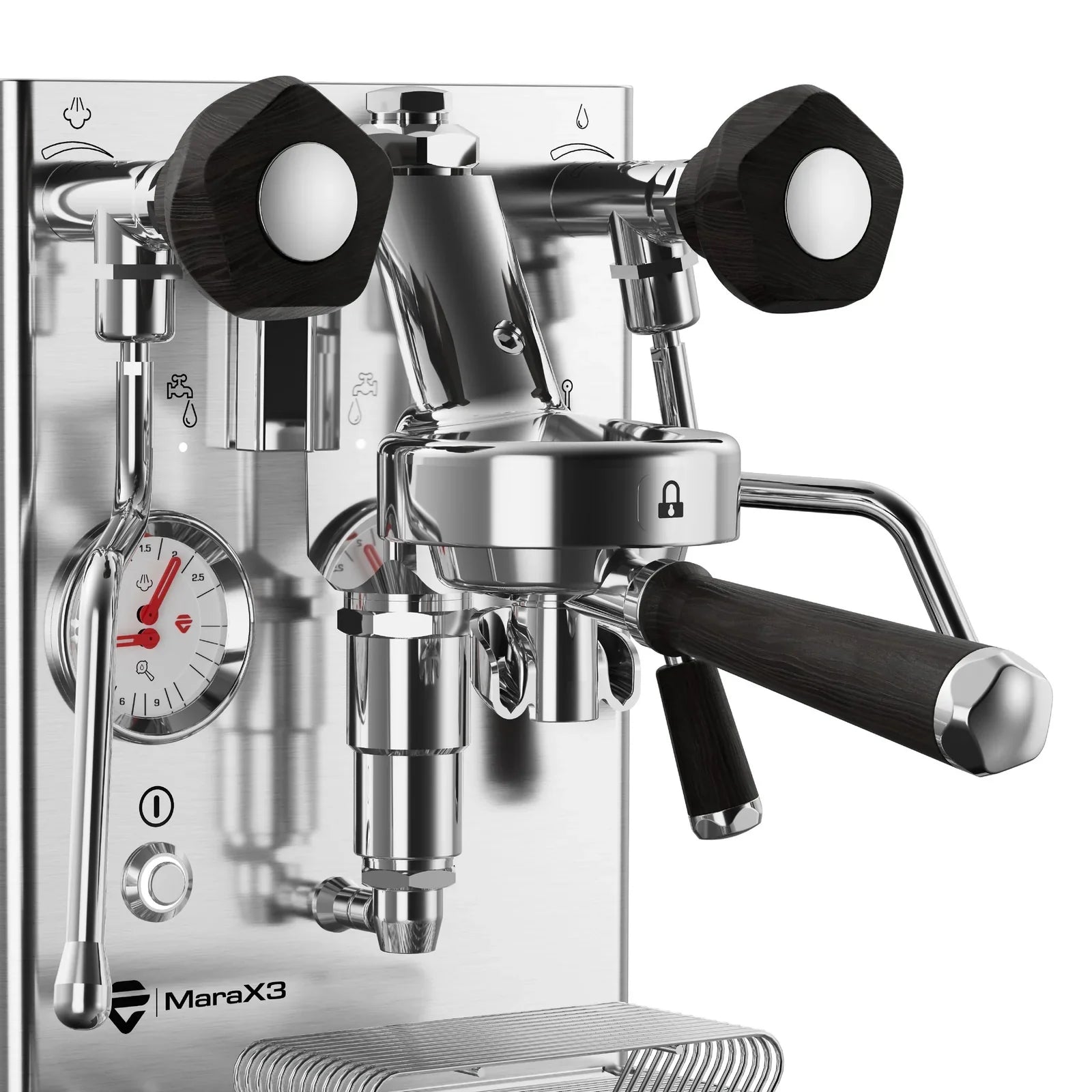 Lelit MaraX3 L58E commercial 58mm group with gem-shaped smoked oak knobs and portafilter