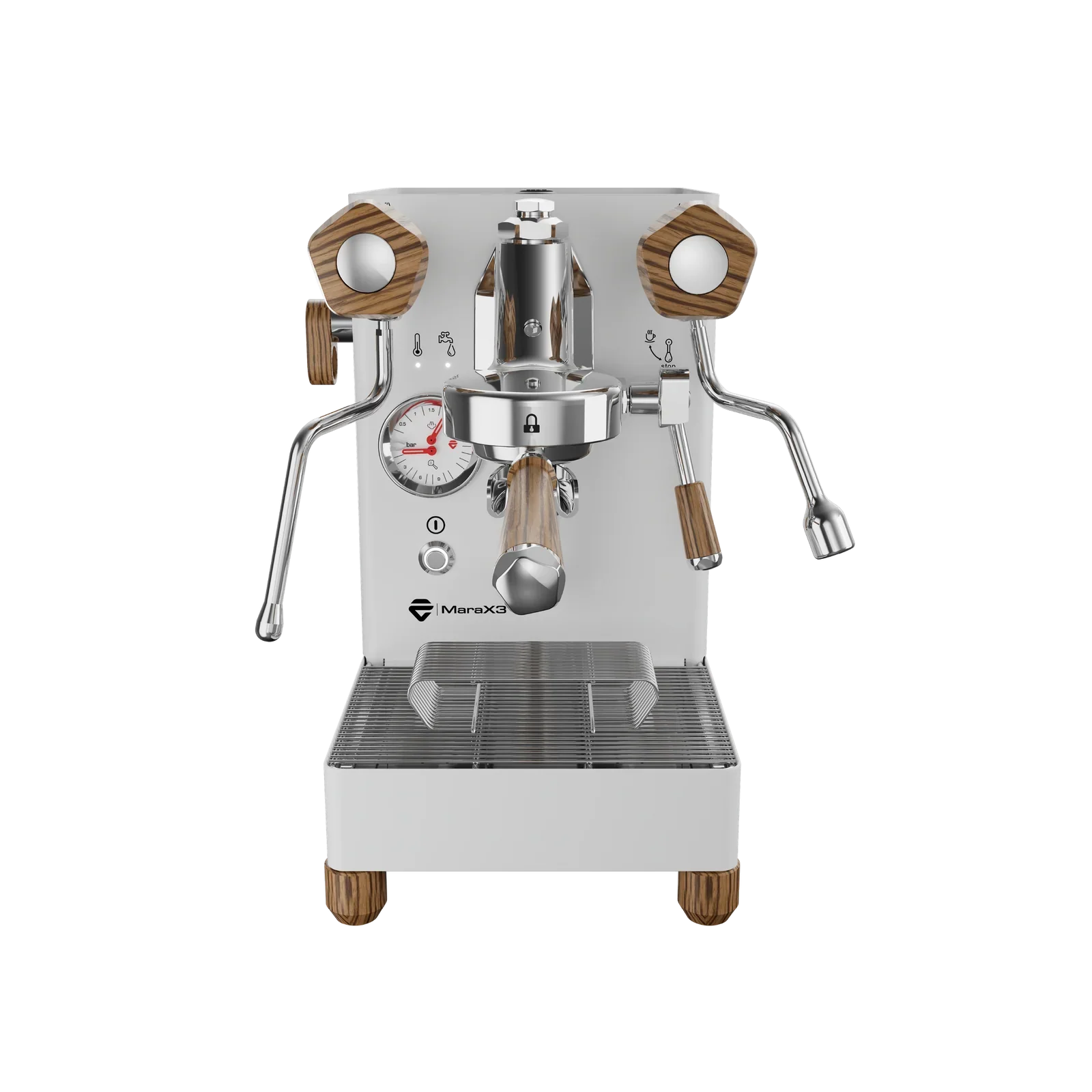 Lelit MaraX3 espresso machine in white with zebrano wood details - front view