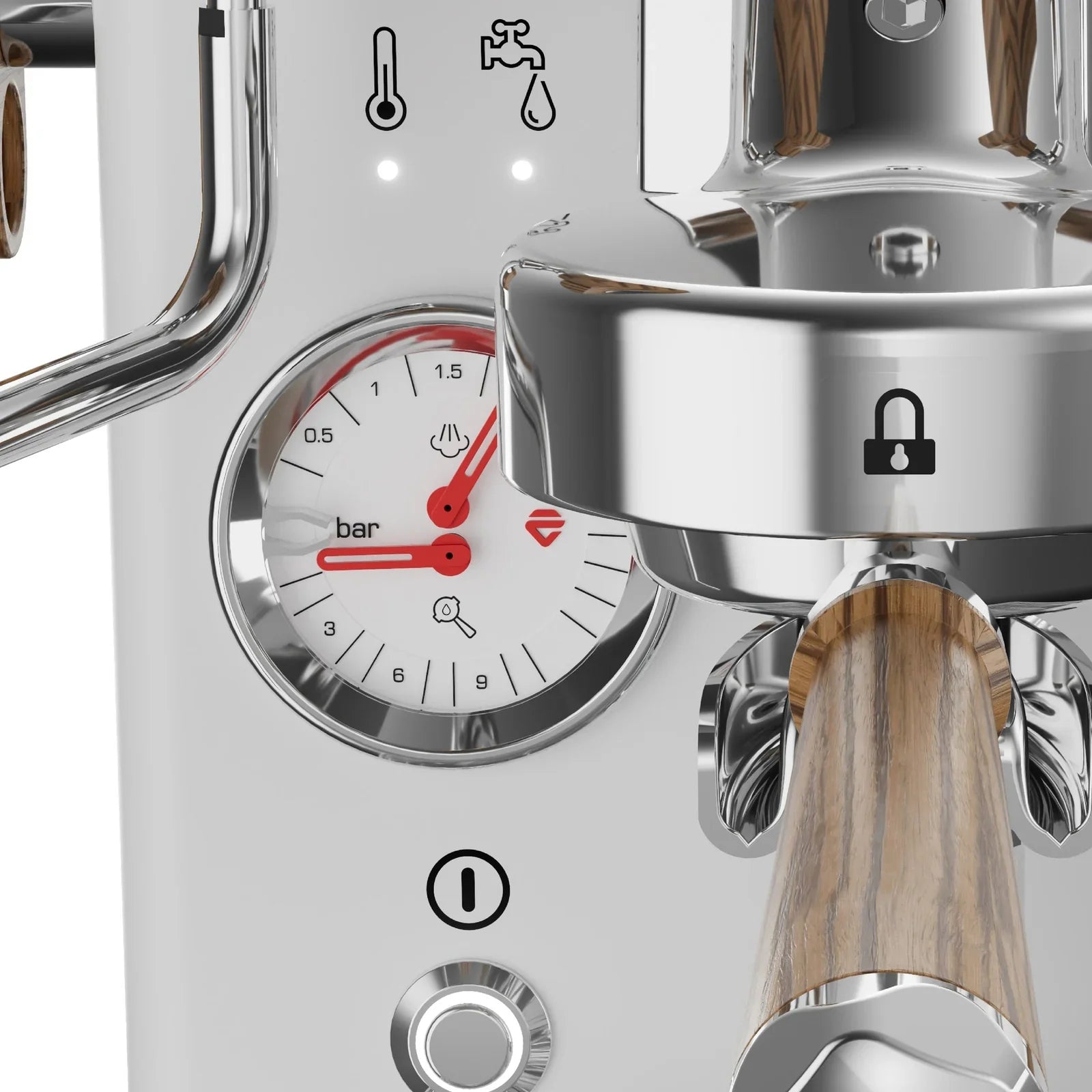 Lelit MaraX3 white - dual pressure gauge and locked portafilter detail