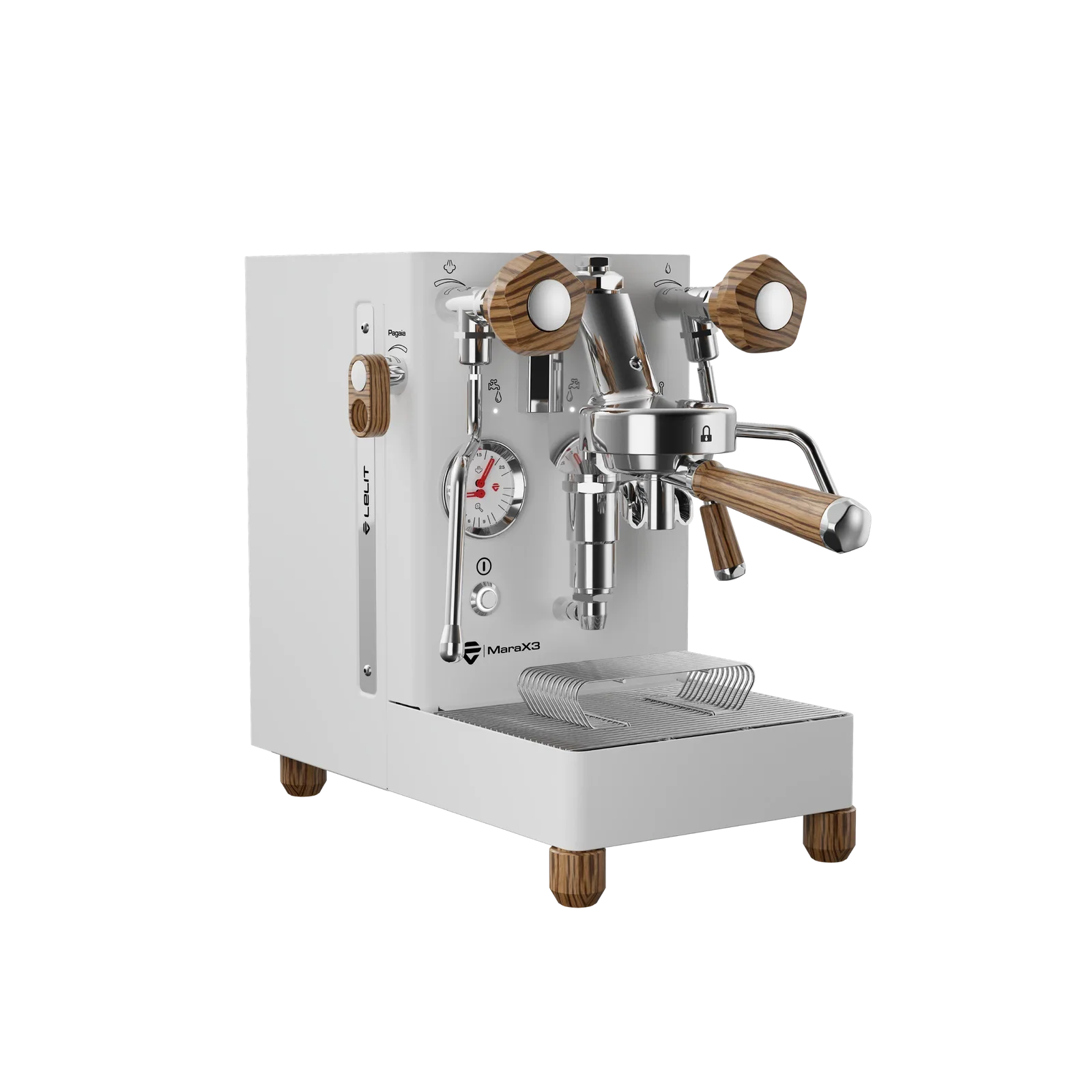 Lelit MaraX3 white - side view with Pagaia flow control lever