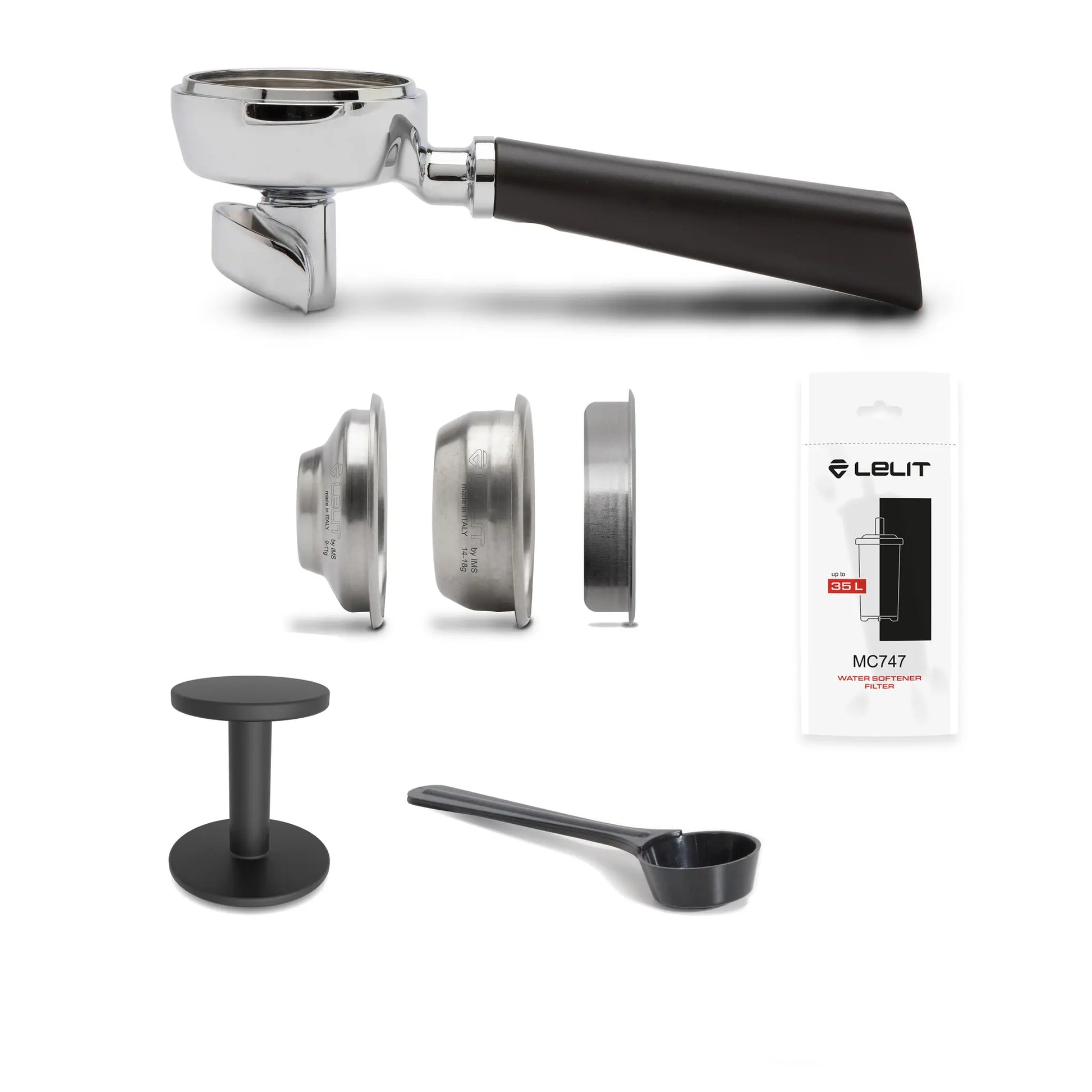 Lelit Victoria included accessories - LELIT58 portafilter, filter baskets, tamper, scoop and water softener