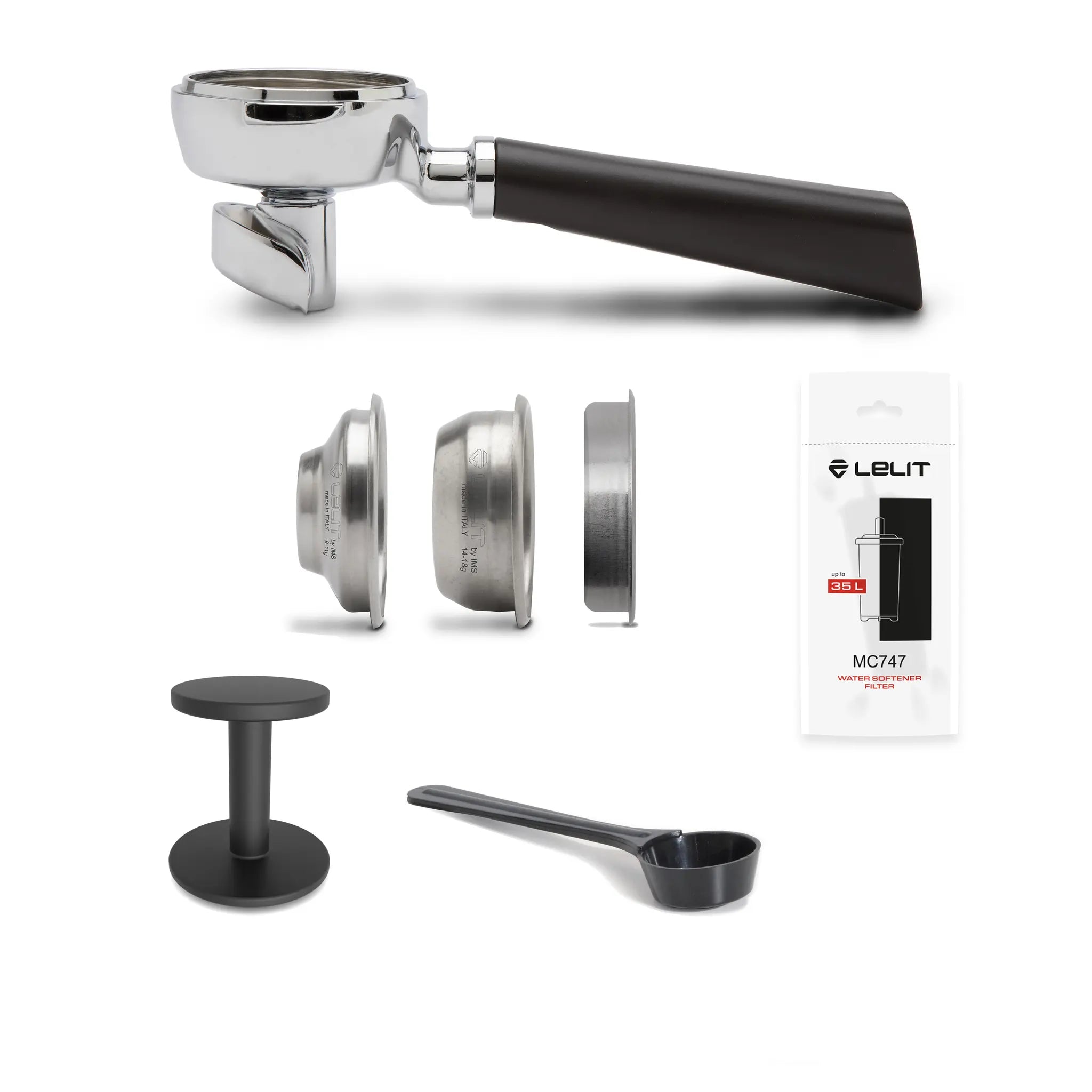Lelit Victoria included accessories - LELIT58 portafilter, filter baskets, tamper, scoop and water softener