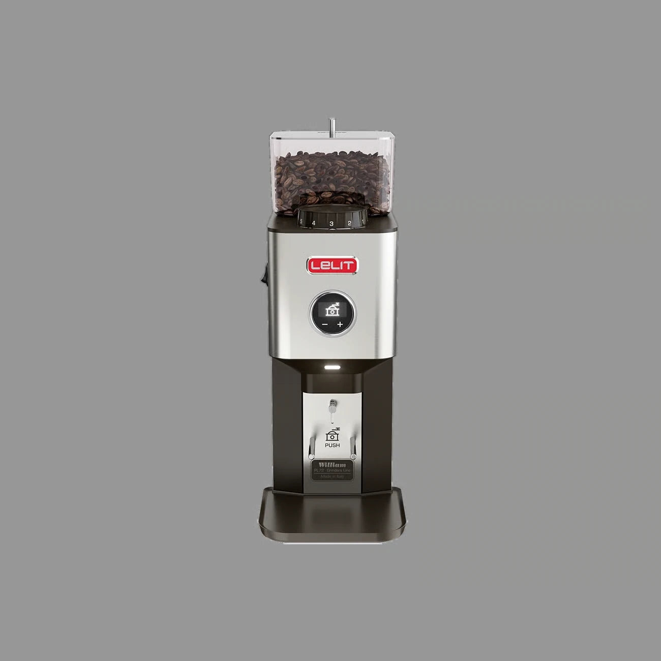 Lelit William coffee grinder in brushed stainless steel with 64mm flat burrs - front view