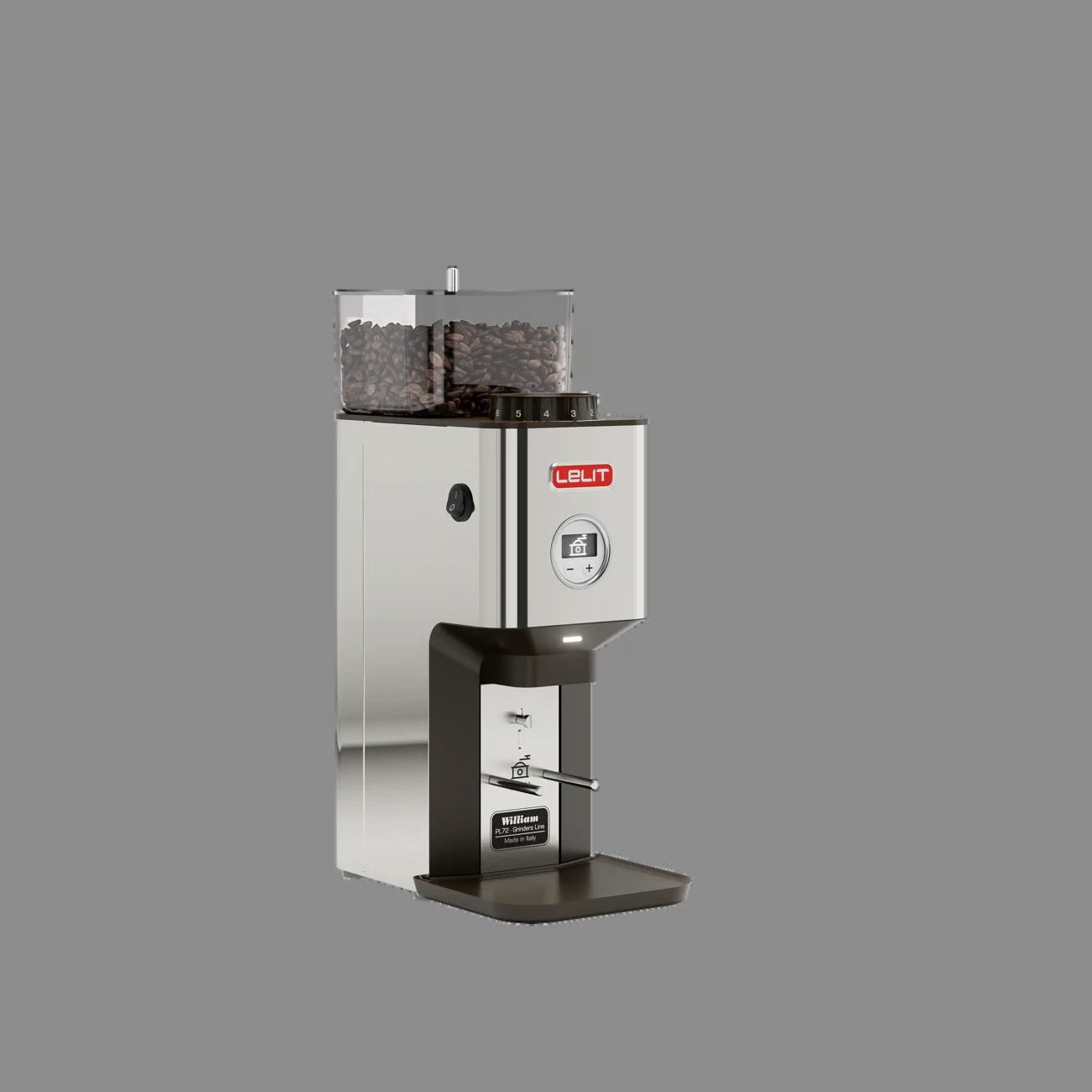 Lelit William coffee grinder in polished stainless steel - three-quarter view