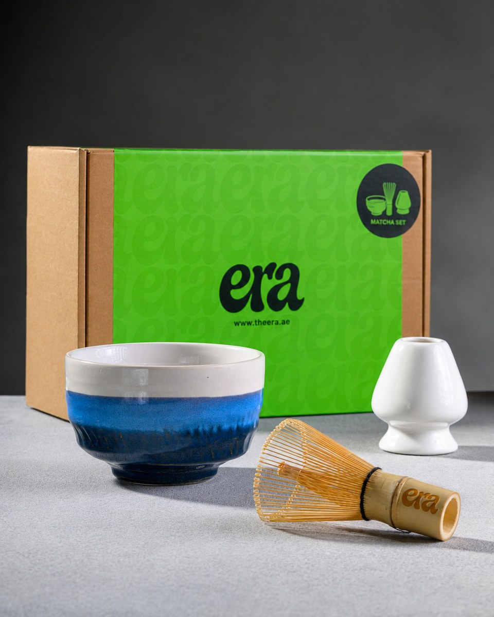 Nami matcha ritual set with Shiranami bowl, bamboo chasen and whisk holder in Era gift box