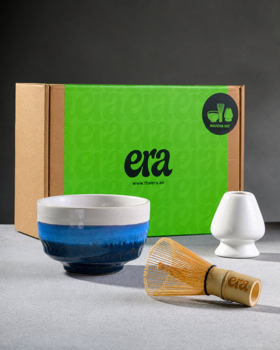 Nami matcha ritual set with Shiranami bowl, bamboo chasen and whisk holder in Era gift box