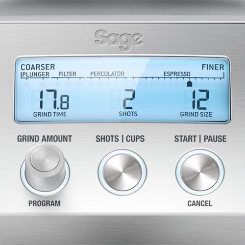 Sage Smart Grinder Pro LCD display - grind time, shots and grind size