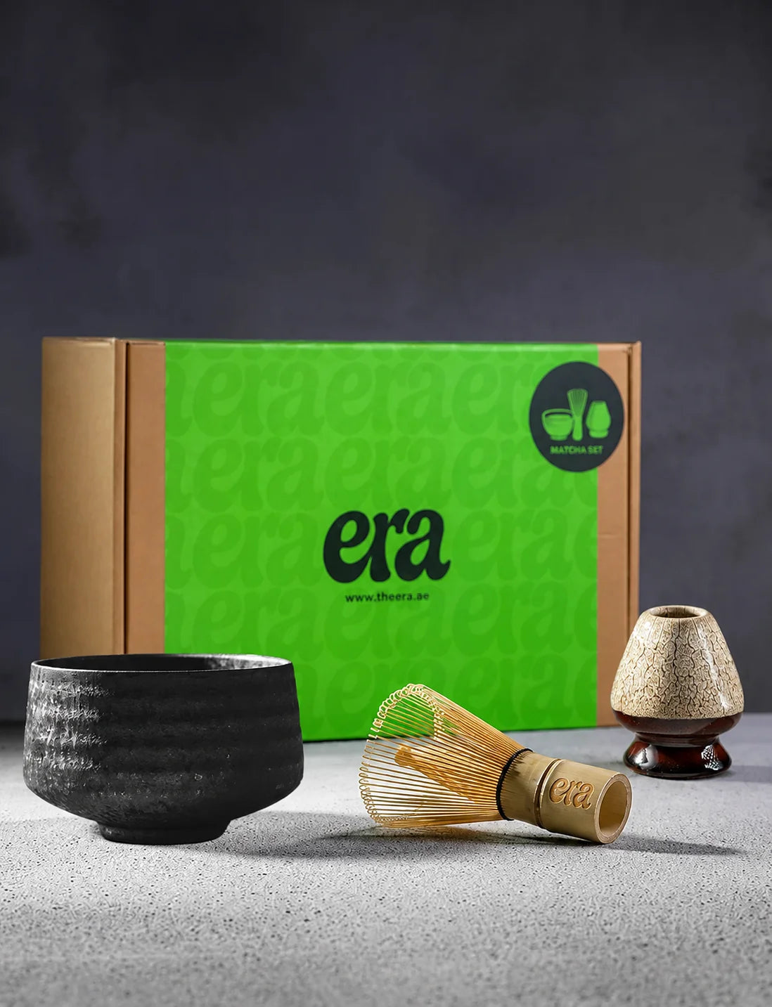 Suna matcha ritual set with Shin Series chawan, bamboo chasen and Kareki whisk holder in Era gift box